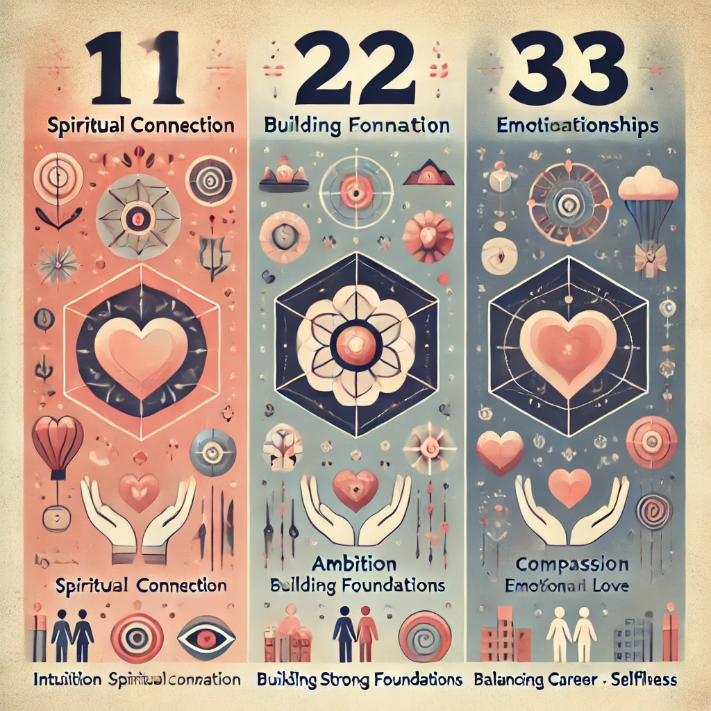 Numerology, Master Numbers, Spiritual vibrations, Intuition, Empathy, Master Number 11, Master Number 22, Master Number 33, Intuitive Leader, Master Builder, Master Teacher, Love and relationships, Emotional depth, Spiritual connection, Soulmate, Selflessness, Healing energy, Romantic connections, Emotional balance, Relationship challenges, Personal growth, Transformation, High expectations, Healing love.